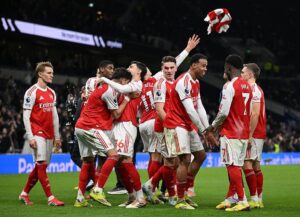 Arsenal players celebrate goal during Arsenal vs Tottenham Premier League 2026 at Tottenham Hotspur Stadium