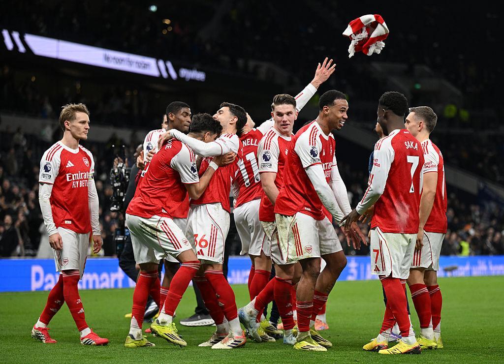 Arsenal players celebrate goal during Arsenal vs Tottenham Premier League 2026 at Tottenham Hotspur Stadium